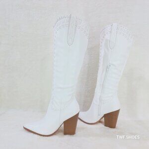 Weaver White Matte Western Knee High Cowgirl Boots Weave Design